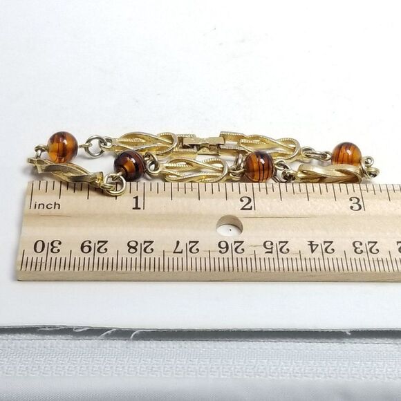 Vintage Avon Gold Tone and Brown Bead Chain Link Panel Bracelet, Retro Estate - Picture 5 of 6